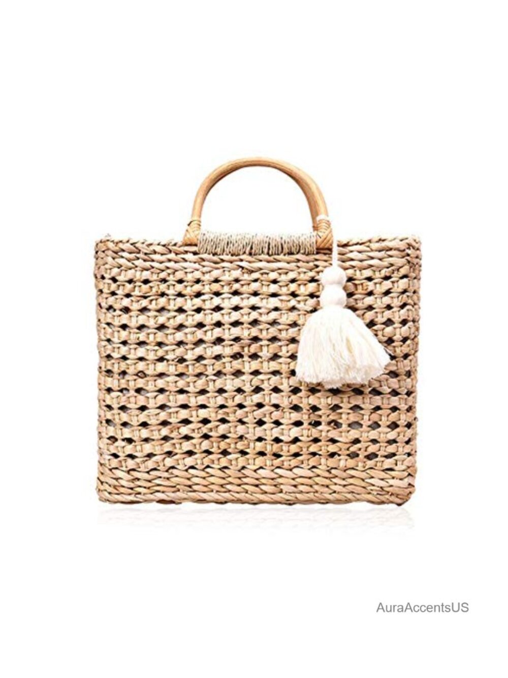 Hand-Woven Straw Crossbody Bag Tassel Pendant Wooden Handle Tote